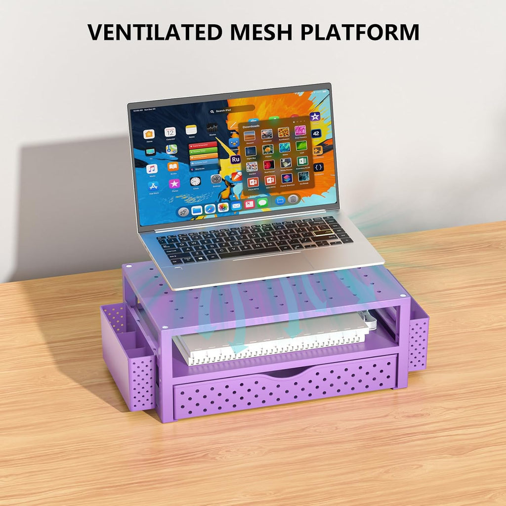 WALI Desk Organizer with Drawer and Pen Holder, 3 Tier Computer Monitor Stand for Home Office Supplies, Laptop Stand Riser for Computer, Laptop, Printer(PTT004-V), 1 Pack, Purple