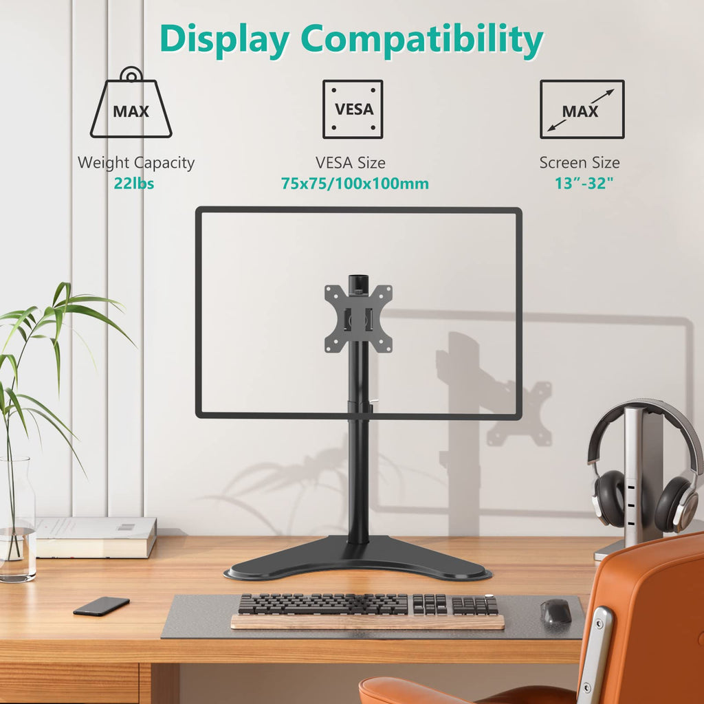 WALI Single Monitor Stand for 13-32 Inch Computer Screens, Freestanding Single Monitor Arm Desk Mount, Universal VESA Monitor Mount 75x75/100x100mm, Adjustable Height and Angle, (MF001), Black