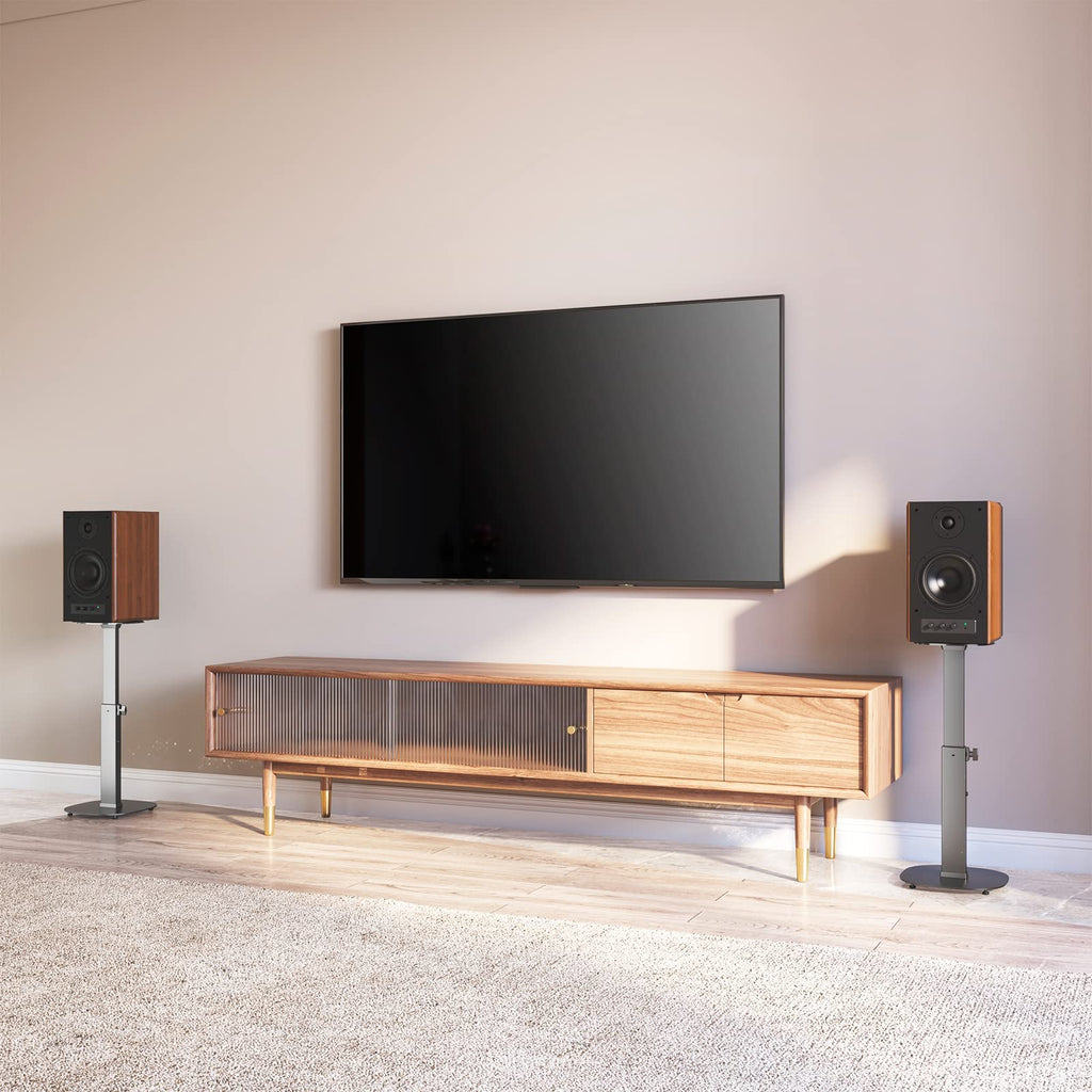 WALI Universal Speaker Stands, Surround Sound Speaker Stands for Satellite & Bookshelf Speakers Up to 22lbs, Height Adjustable with Built-in Cable Management, 1 Pair (SFS001), Black