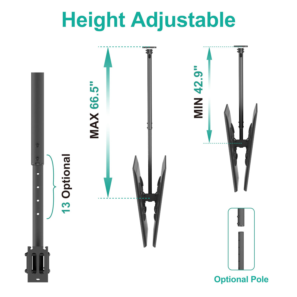 WALI Ceiling TV Mount Dual Screen Back to Back Fits Most Display 43 to 86 Inch TV, Up to 176lbs, 88 lbs for Each Screen, Height Extension up to 66.5 Inch, Mounting Holes 600x400mm (CM4386-2S), Black