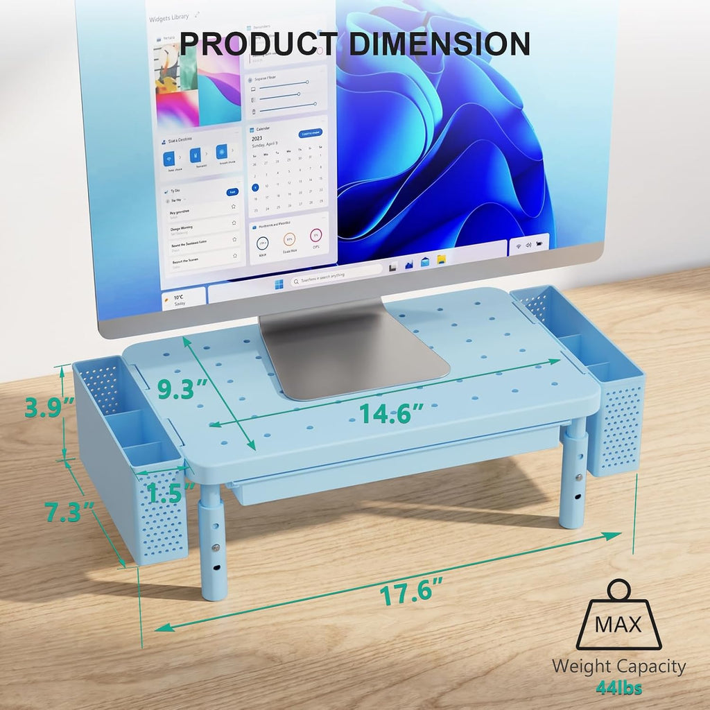 WALI Computer Monitor Stand with Storage and Pen Holder 3 Height Adjustable Desk Organizer with Drawer, Desk Laptop Monitor Riser for Computer, Printer(PTT003-S), 1 Pack, Blue
