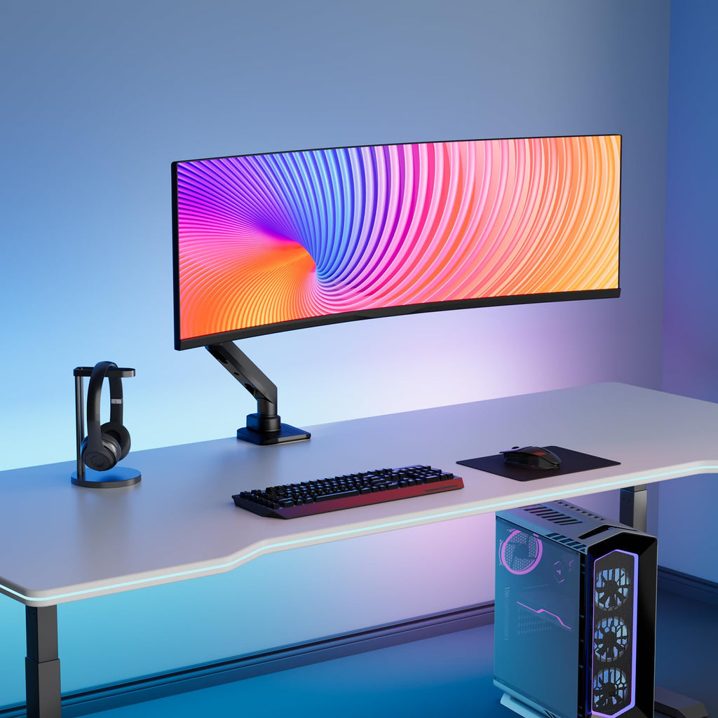 WALI Single Monitor Arm, Gas Spring Mount up to 49 inches, Ultrawide Monitor Arm Holds up to 44lbs, Heavy Duty Desk Mount with C Clamp and Grommet Base (GSM001XL-P), Black