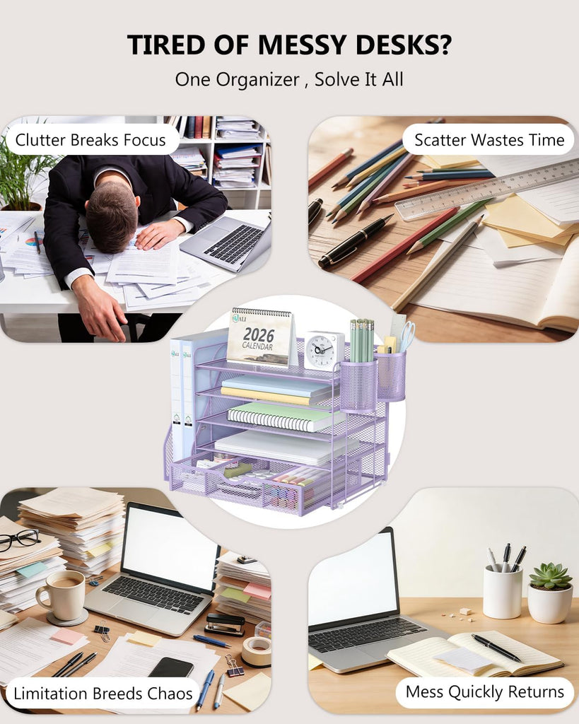 WALI Desk File Organizer, 5 Tier Desktop Paper Letter Tray Organizer with Drawer and 2 Pen Holders, Office Desk Accessories & Workspace Organizers for Office, Home Supplies(DO006DH-V), 1 Pack, Purple