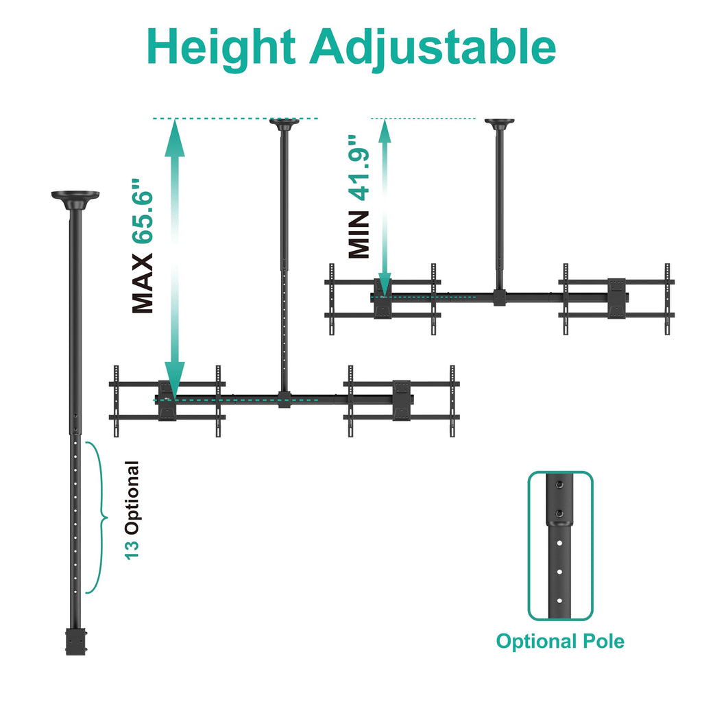 WALI Ceiling TV Mount Dual Screen Side by Side Fits Most Display 34 to 60 Inch TV, Up to 176lbs, 88 lbs for Each Screen, Height Extension up to 65.6 Inch, Mounting Holes 600x400mm (CM3460-2), Black