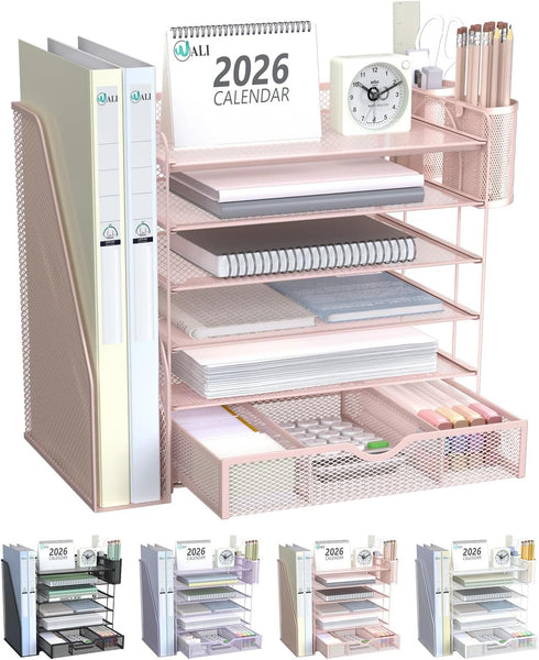 WALI Desk File Organizer, 6 Tier Desktop Paper Letter Tray Organizer with Drawer and 2 Pen Holders, Office Desk Accessories & Workspace Organizers for Office, Home Supplies(DO007DH-P), 1 Pack, Pink