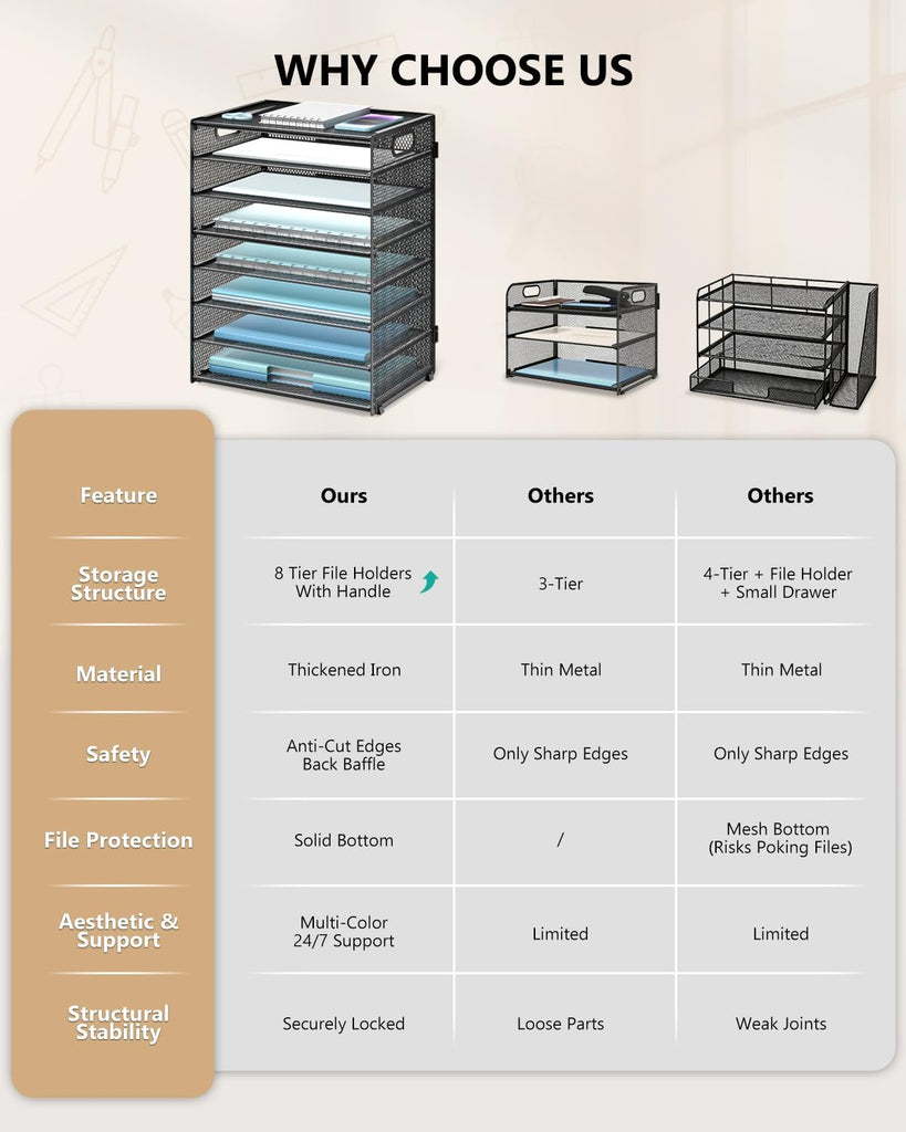 WALI Desk File Organizer, 8 Tier Desktop Paper Letter Tray Organizer with Handle, Office Desk Accessories & Workspace Organizers for Office, Home, School Supplies, 1 Pack, Black