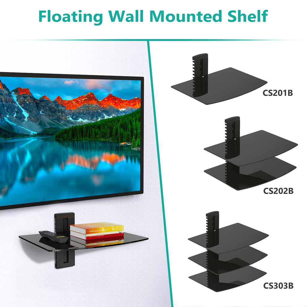 WALI Floating Entertainment Center Shelves, Holds Up to 17.6lbs, TV Shelf with Strengthened Tempered Glasses for DVD Players, Cable Boxes, Games Consoles, TV Accessories (CS201B), 1 Shelf, Black