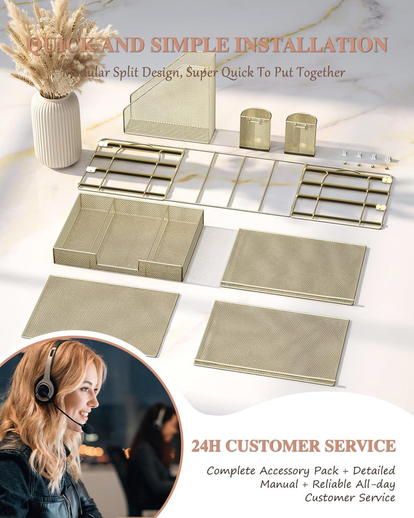 WALI Desk File Organizer, 4 Tier Desktop Paper Letter Tray Organizer with Drawer and 2 Pen Holders, Office Desk Accessories & Workspace Organizers for Office, Home, School Supplies, 1 Pack, Gold