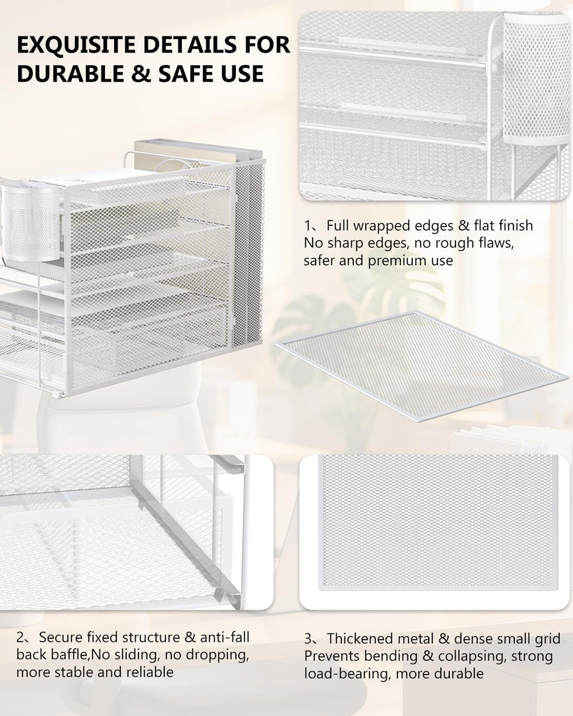 WALI Desk File Organizer, 5 Tier Desktop Paper Letter Tray Organizer with Drawer and 2 Pen Holders, Office Desk Accessories & Workspace Organizers for Office, Home Supplies(DO006DH-W), 1 Pack, White