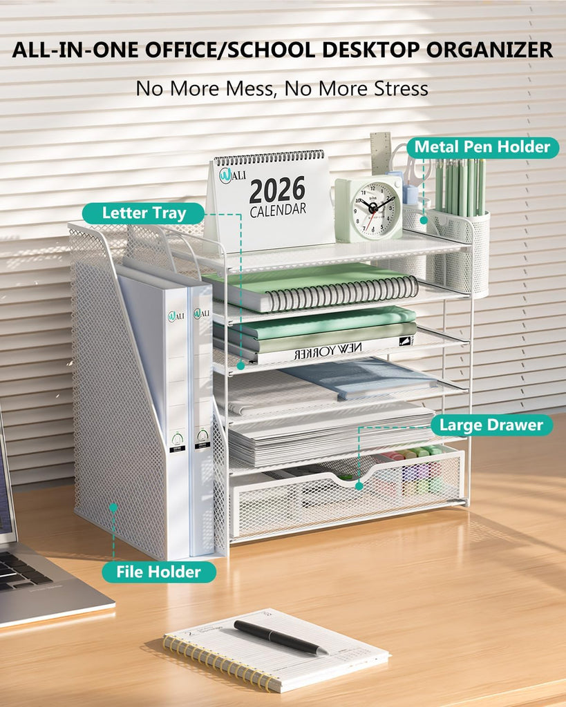 WALI Desk File Organizer, 6 Tier Desktop Paper Letter Tray Organizer with Drawer and 2 Pen Holders, Office Desk Accessories & Workspace Organizers for Office, Home Supplies(DO007DH-W), 1 Pack, White