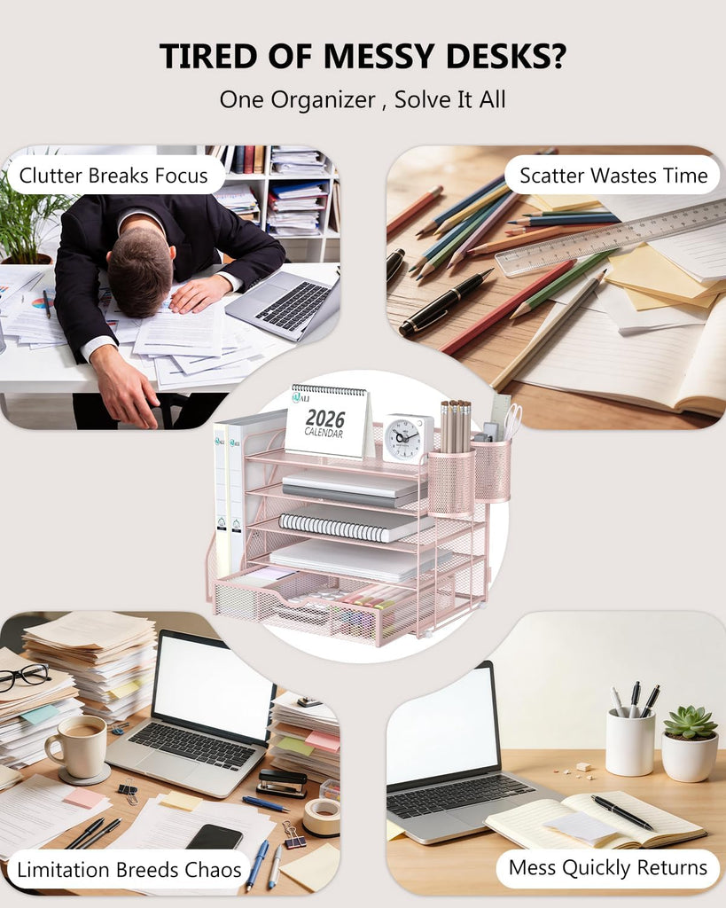 WALI Desk File Organizer, 5 Tier Desktop Paper Letter Tray Organizer with Drawer and 2 Pen Holders, Office Desk Accessories & Workspace Organizers for Office, Home Supplies(DO006DH-P), 1 Pack, Pink
