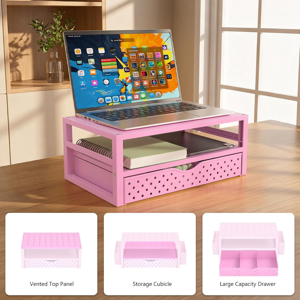WALI Desk Organizer with Drawer，Computer Monitor Stand with Storage, Desk Organizers and Accessories for Computer, Printer, Laptop Riser for Home Office Supplies, (PTT005-P), 1 Pack, Pink