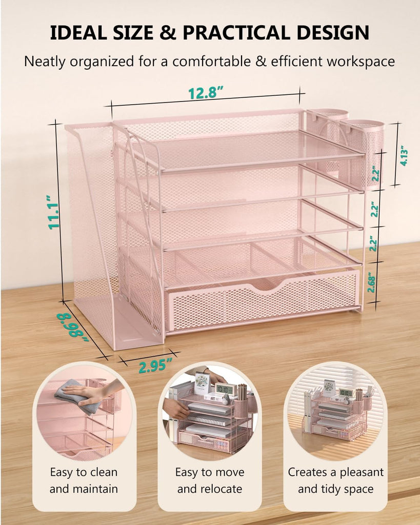 WALI Desk File Organizer, 5 Tier Desktop Paper Letter Tray Organizer with Drawer and 2 Pen Holders, Office Desk Accessories & Workspace Organizers for Office, Home Supplies(DO006DH-P), 1 Pack, Pink