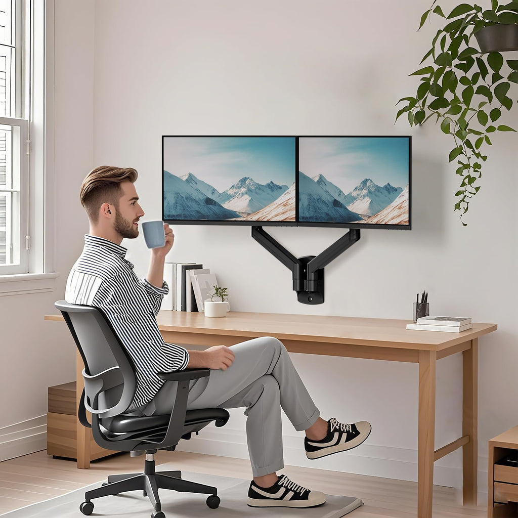 WALI Dual Monitor Wall Mount, Gas Spring Monitor Arm for 2 Screens up to 32 inch, 22 lbs. Fully Adjustable Arm Mounting Holes up to 100 x 100 (GSWM002), Black