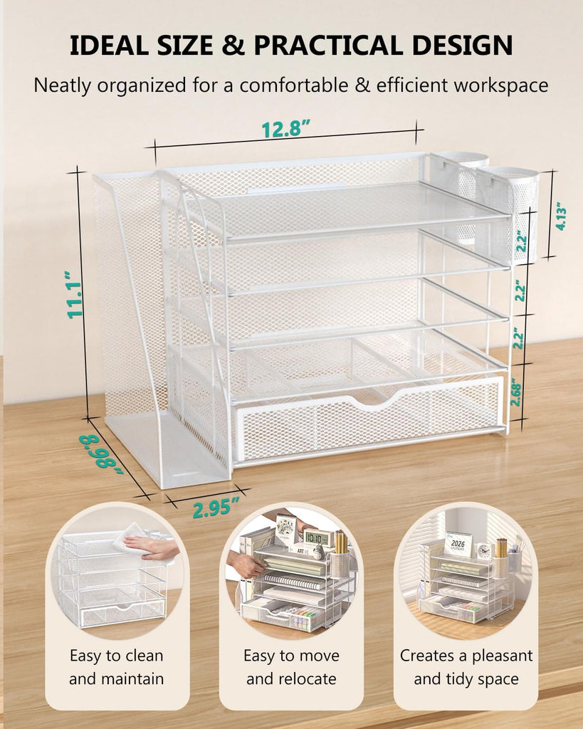 WALI Desk File Organizer, 5 Tier Desktop Paper Letter Tray Organizer with Drawer and 2 Pen Holders, Office Desk Accessories & Workspace Organizers for Office, Home Supplies(DO006DH-W), 1 Pack, White