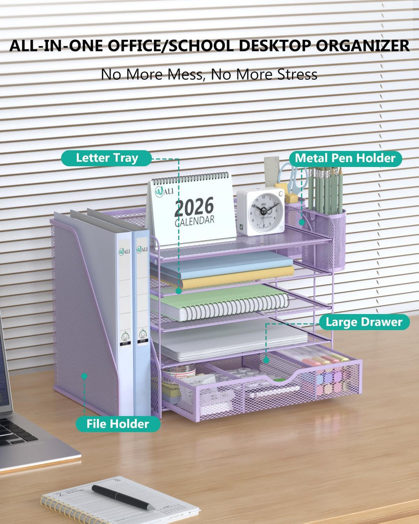 WALI Desk File Organizer, 5 Tier Desktop Paper Letter Tray Organizer with Drawer and 2 Pen Holders, Office Desk Accessories & Workspace Organizers for Office, Home Supplies(DO006DH-V), 1 Pack, Purple