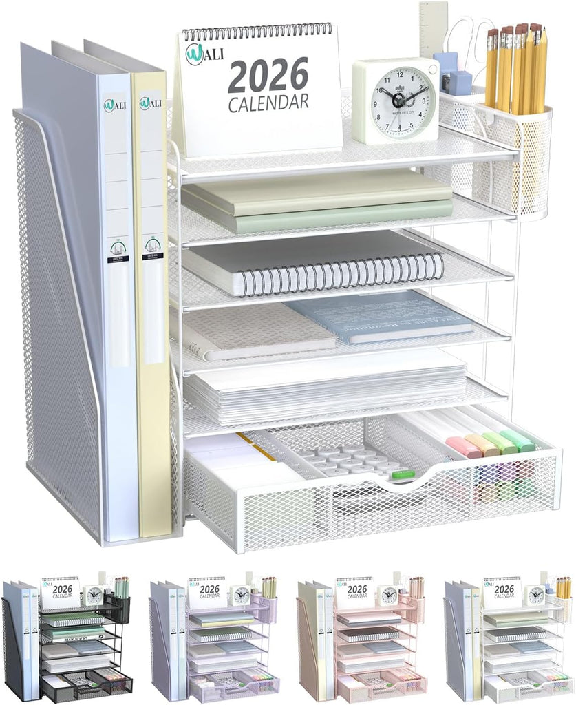 WALI Desk File Organizer, 6 Tier Desktop Paper Letter Tray Organizer with Drawer and 2 Pen Holders, Office Desk Accessories & Workspace Organizers for Office, Home Supplies(DO007DH-W), 1 Pack, White