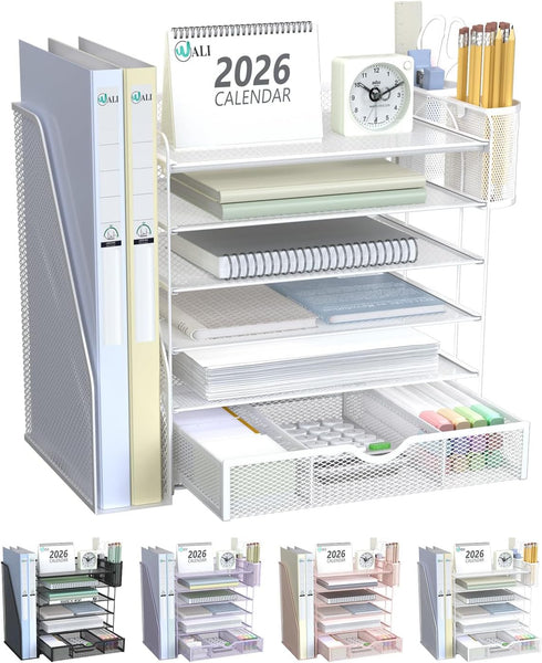 WALI Desk File Organizer, 6 Tier Desktop Paper Letter Tray Organizer with Drawer and 2 Pen Holders, Office Desk Accessories & Workspace Organizers for Office, Home Supplies(DO007DH-W), 1 Pack, White