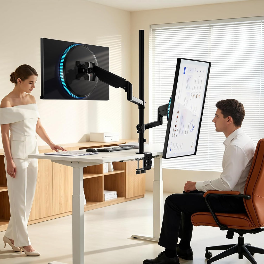 WALI Vertical Dual Monitor Mount for 13-40 inch Curved Screens, up to 22lbs | Stacked Monitor Stand, 31.5 inch Extra Tall Pole, Full Motion with Tilt, Swivel, Rotation, C-Clamp, VESA 75/100mm (GSDM002XL)