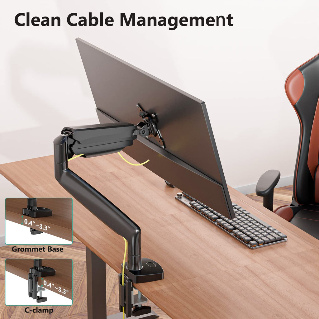 WALI Single Monitor Arm, Gas Spring Monitor Mount for Max 35 inches - 26.4 lbs Screen, Ultrawide Computer Monitors Stand with C Clamp and Grommet Base (GSMP001XL), Black