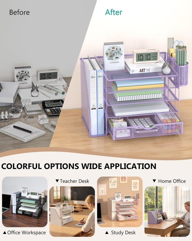 WALI Desk File Organizer, 5 Tier Desktop Paper Letter Tray Organizer with Drawer and 2 Pen Holders, Office Desk Accessories & Workspace Organizers for Office, Home Supplies(DO006DH-V), 1 Pack, Purple