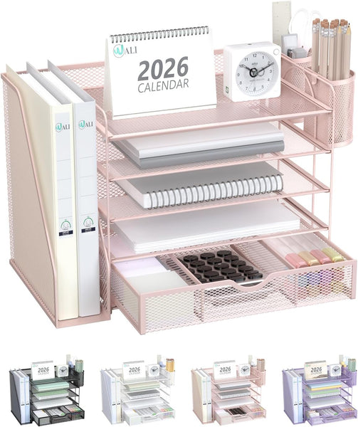 WALI Desk File Organizer, 5 Tier Desktop Paper Letter Tray Organizer with Drawer and 2 Pen Holders, Office Desk Accessories & Workspace Organizers for Office, Home Supplies(DO006DH-P), 1 Pack, Pink