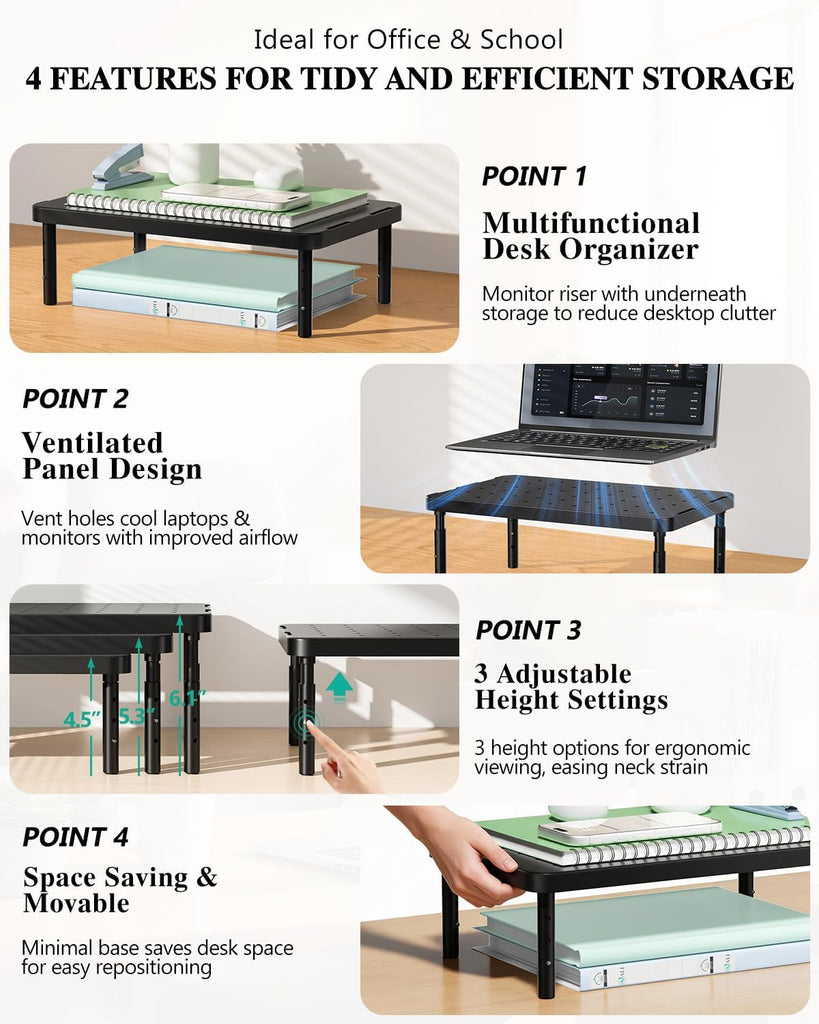 WALI Desk Organizer, 1 Tier Computer Monitor Stand for Desk, Desk Monitor Riser 3 Height Adjustable, Laptop Stand Underneath Storage for Office, Home, School Supplies, 1 Pack, Black