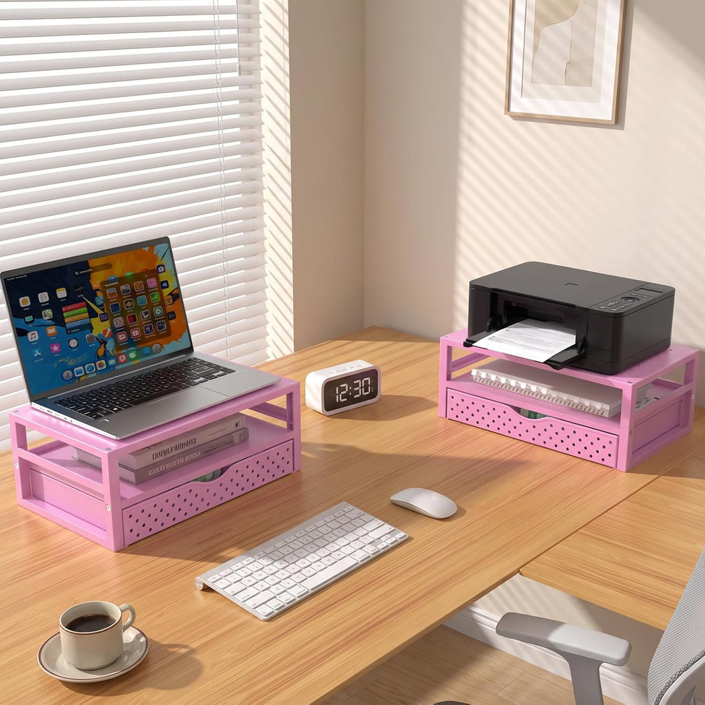 WALI Desk Organizer with Drawer，Computer Monitor Stand with Storage, Desk Organizers and Accessories for Computer, Printer, Laptop Riser for Home Office Supplies, (PTT005-P), 1 Pack, Pink