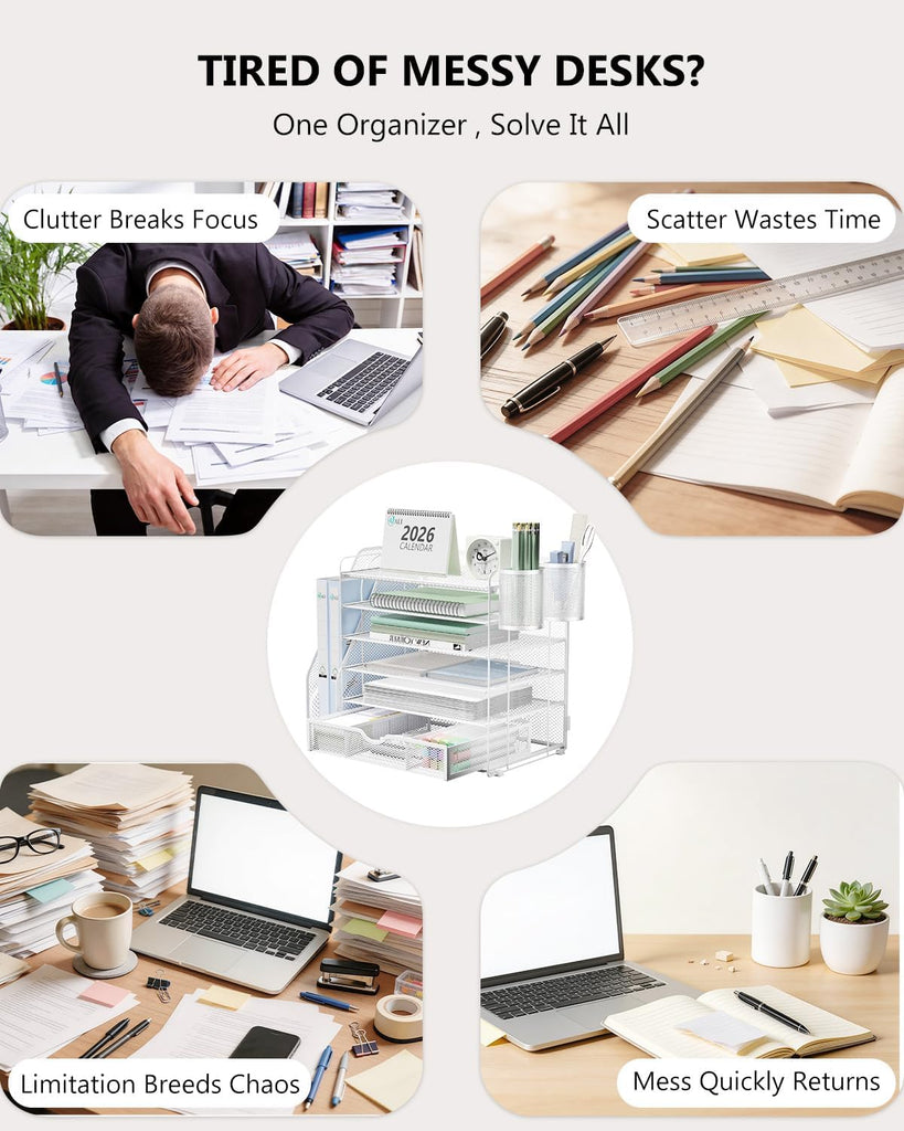 WALI Desk File Organizer, 6 Tier Desktop Paper Letter Tray Organizer with Drawer and 2 Pen Holders, Office Desk Accessories & Workspace Organizers for Office, Home Supplies(DO007DH-W), 1 Pack, White