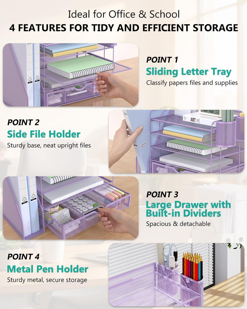WALI Desk File Organizer, 5 Tier Desktop Paper Letter Tray Organizer with Drawer and 2 Pen Holders, Office Desk Accessories & Workspace Organizers for Office, Home Supplies(DO006DH-V), 1 Pack, Purple