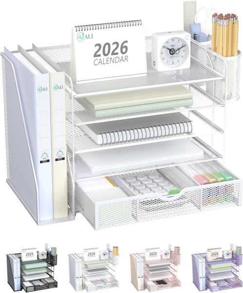 WALI Desk File Organizer, 5 Tier Desktop Paper Letter Tray Organizer with Drawer and 2 Pen Holders, Office Desk Accessories & Workspace Organizers for Office, Home Supplies(DO006DH-W), 1 Pack, White