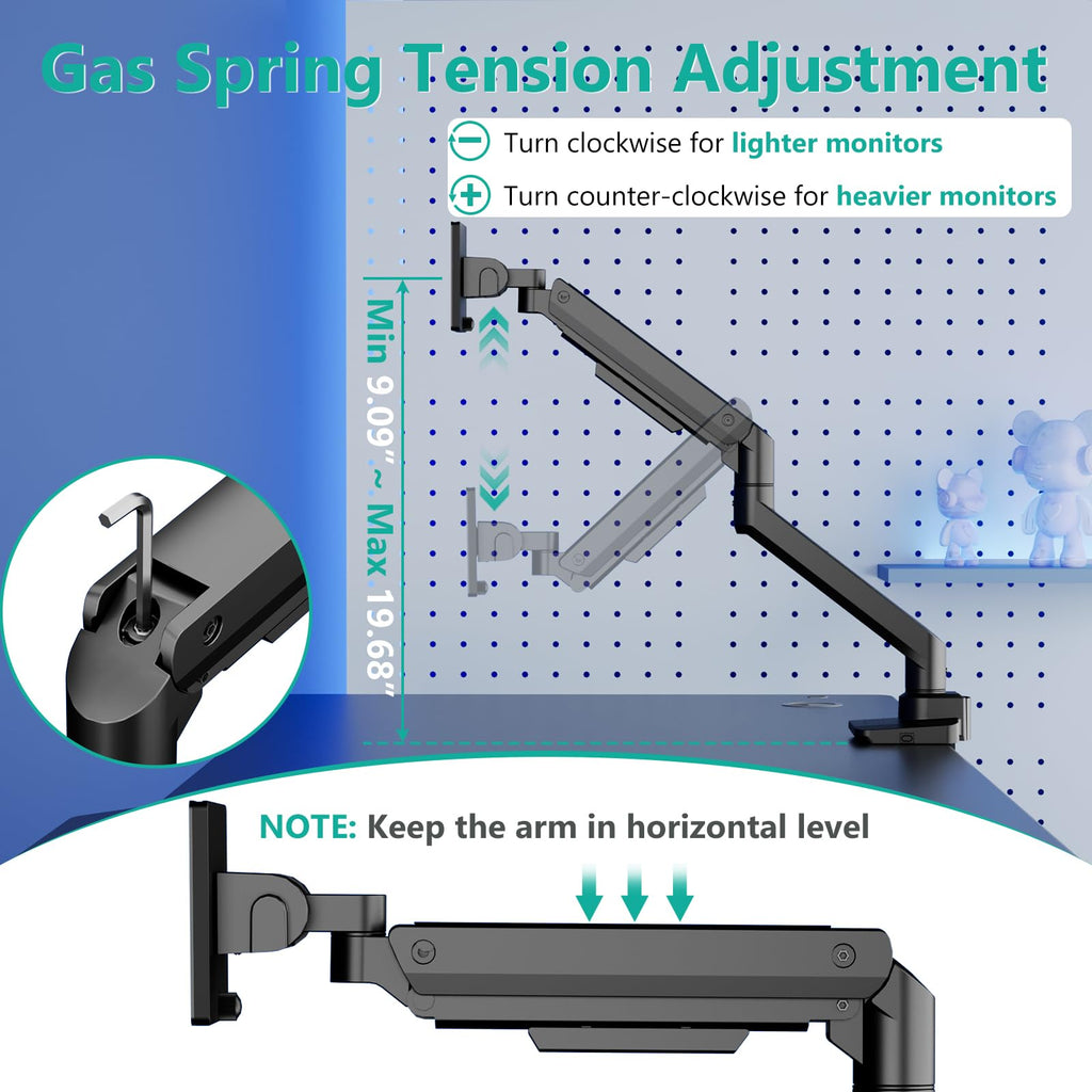 WALI Single Monitor Arm, Gas Spring Mount up to 49 inches, Ultrawide Monitor Arm Holds up to 44lbs, Heavy Duty Desk Mount with C Clamp and Grommet Base (GSM001XL-P), Black