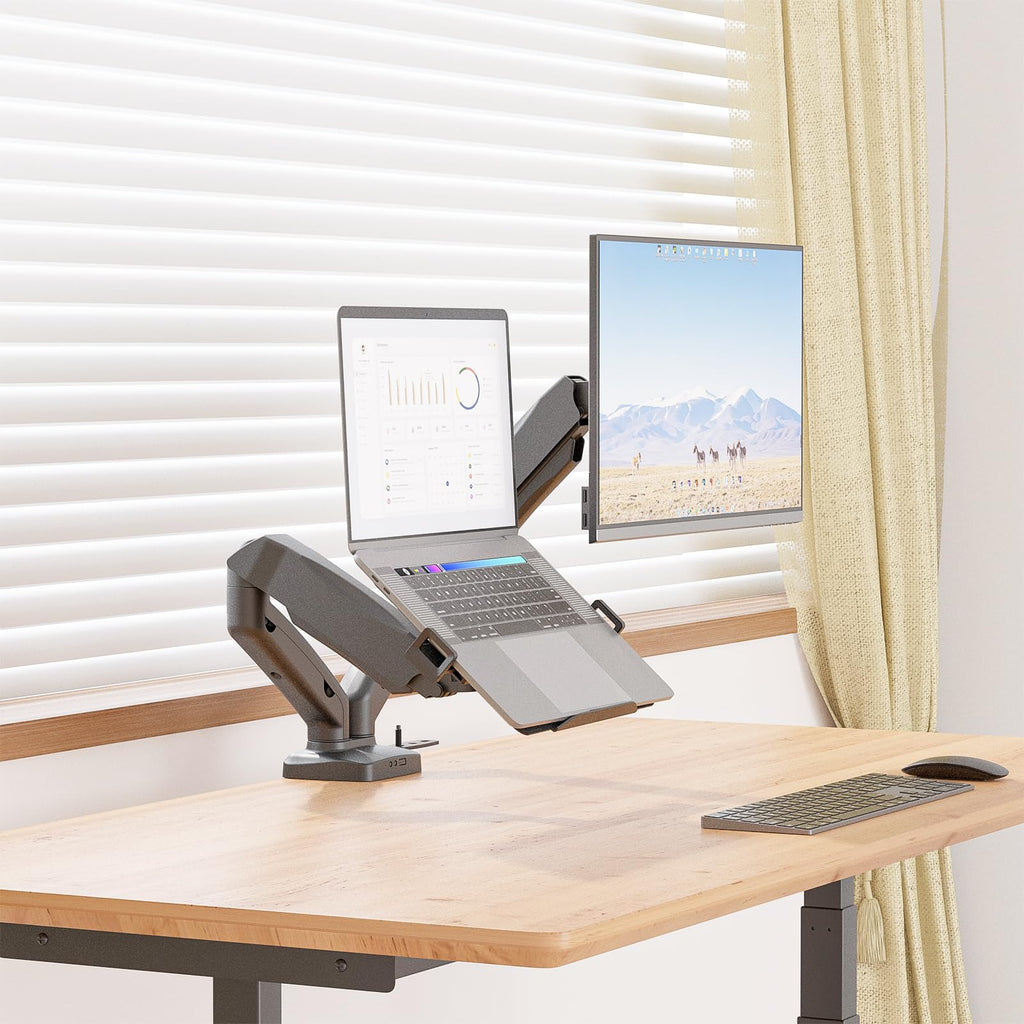 WALI Laptop Mount for Desk, Laptop Arm Mount for 17"-32”Computer Screen and 11.6" - 17.3" Notebook,Dual Monitor Mount Holds up to 19.8lbs, Laptop Tray Stand with Gas Spring Arm (GSMP002LP), Black
