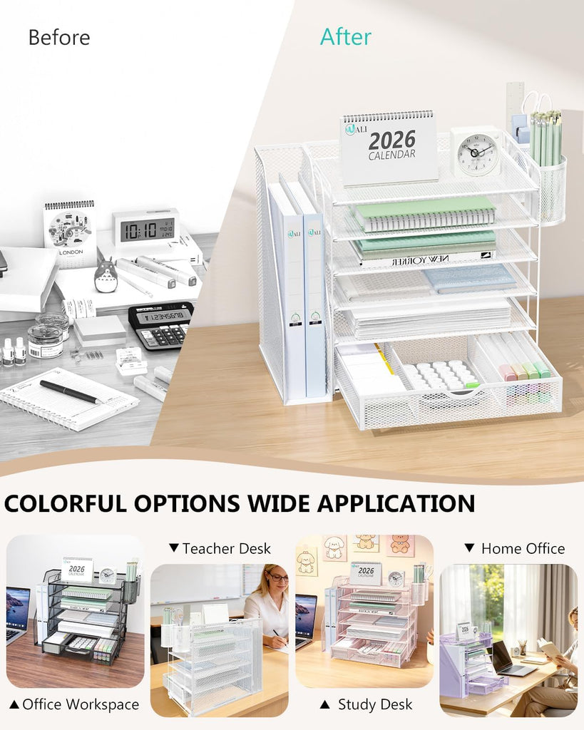 WALI Desk File Organizer, 6 Tier Desktop Paper Letter Tray Organizer with Drawer and 2 Pen Holders, Office Desk Accessories & Workspace Organizers for Office, Home Supplies(DO007DH-W), 1 Pack, White