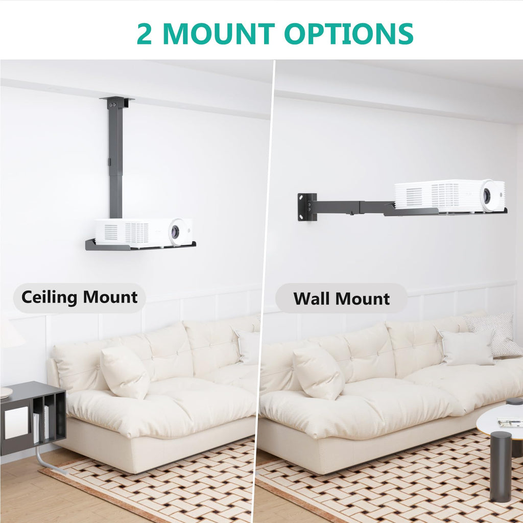 WALI Projector Ceiling Mount Tray，Projector Wall Mount Holds up to 22lbs, Height Adjustable Universal Projectors Mount, No Hole Installation, Hidden Cable Routing, Black(PM-005-B)