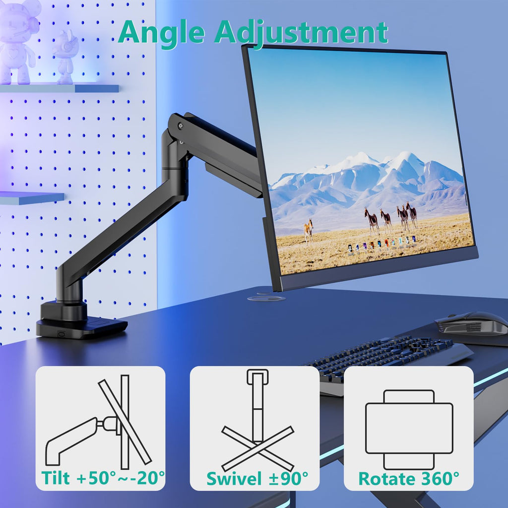 WALI Single Monitor Arm, Gas Spring Mount up to 49 inches, Ultrawide Monitor Arm Holds up to 44lbs, Heavy Duty Desk Mount with C Clamp and Grommet Base (GSM001XL-P), Black