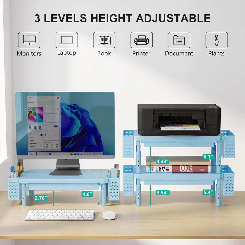 WALI Computer Monitor Stand with Storage and Pen Holder 3 Height Adjustable Desk Organizer with Drawer, Desk Laptop Monitor Riser for Computer, Printer(PTT003-S), 1 Pack, Blue