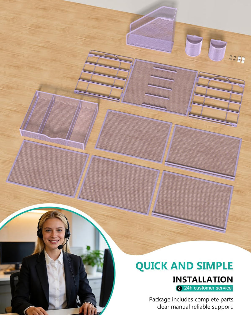 WALI Desk File Organizer, 5 Tier Desktop Paper Letter Tray Organizer with Drawer and 2 Pen Holders, Office Desk Accessories & Workspace Organizers for Office, Home Supplies(DO006DH-V), 1 Pack, Purple