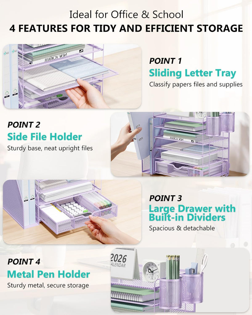 WALI Desk File Organizer, 6 Tier Desktop Paper Letter Tray Organizer with Drawer and 2 Pen Holders, Office Desk Accessories & Workspace Organizers for Office, Home Supplies(DO007DH-V), 1 Pack, Purple