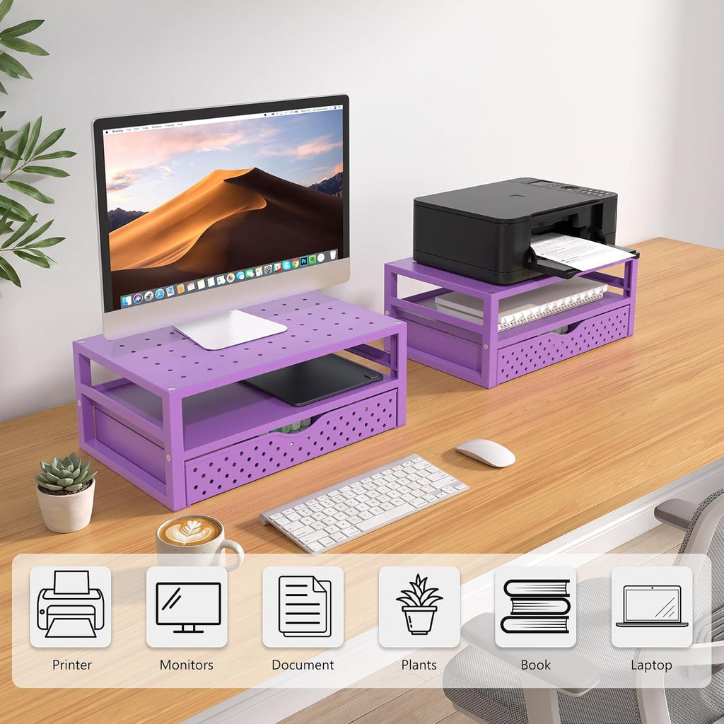 WALI Desk Organizer with Drawer，Computer Monitor Stand with Storage, Desk Organizers and Accessories for Computer, Printer, Laptop Riser for Home Office Supplies, (PTT005-V), 1 Pack, Purple
