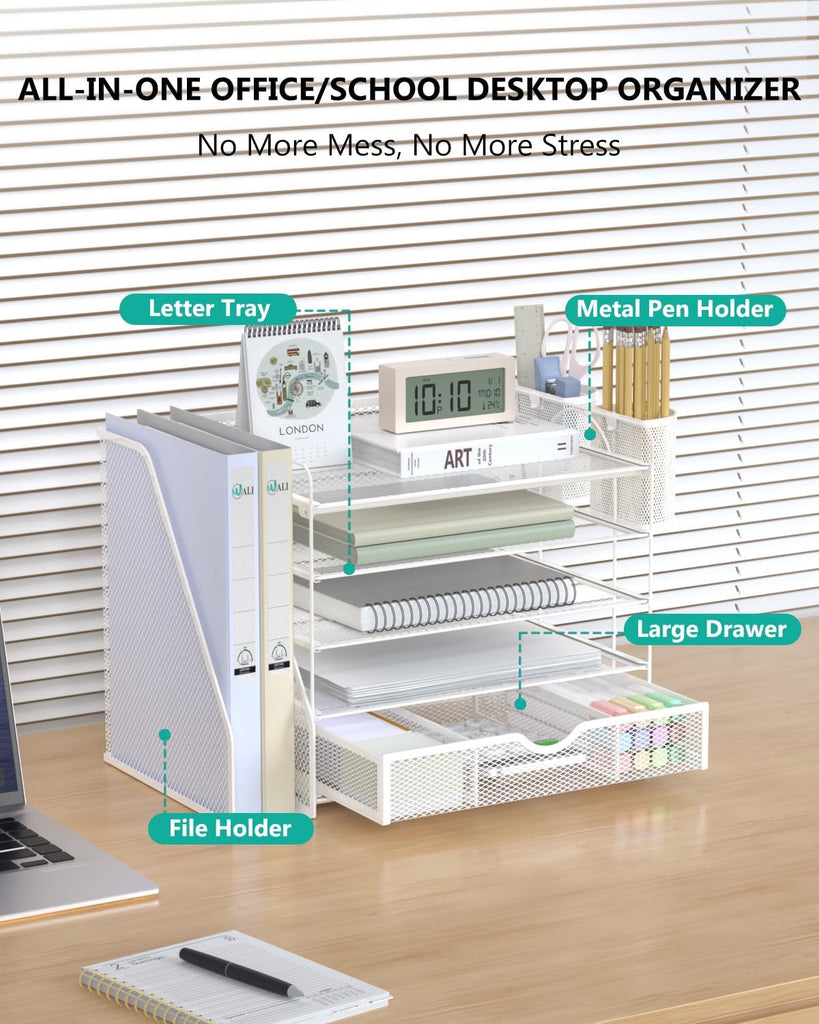 WALI Desk File Organizer, 5 Tier Desktop Paper Letter Tray Organizer with Drawer and 2 Pen Holders, Office Desk Accessories & Workspace Organizers for Office, Home Supplies(DO006DH-W), 1 Pack, White