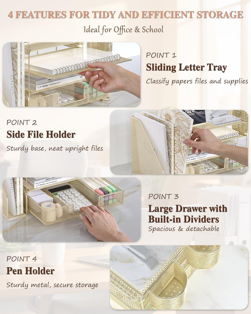 WALI Desk File Organizer, 4 Tier Desktop Paper Letter Tray Organizer with Drawer and 2 Pen Holders, Office Desk Accessories & Workspace Organizers for Office, Home, School Supplies, 1 Pack, Gold