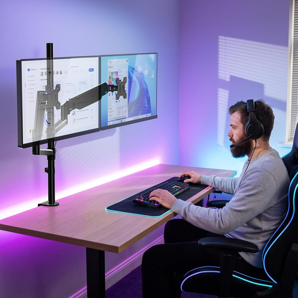 WALI Vertical Dual Monitor Mount for 13-40 inch Curved Screens, up to 22lbs | Stacked Monitor Stand, 31.5 inch Extra Tall Pole, Full Motion with Tilt, Swivel, Rotation, C-Clamp, VESA 75/100mm (GSDM002XL)