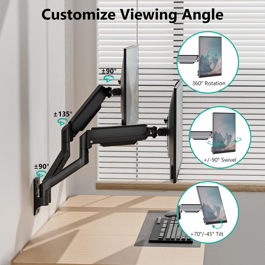 WALI Dual Monitor Wall Mount, Gas Spring Monitor Arm for 2 Screens up to 32 inch, 22 lbs. Fully Adjustable Arm Mounting Holes up to 100 x 100 (GSWM002), Black