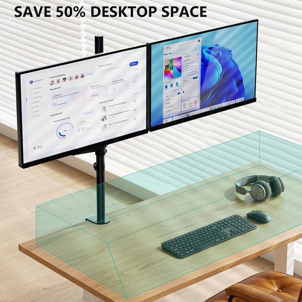 WALI Vertical Dual Monitor Mount for 13-40 inch Curved Screens, up to 22lbs | Stacked Monitor Stand, 31.5 inch Extra Tall Pole, Full Motion with Tilt, Swivel, Rotation, C-Clamp, VESA 75/100mm (GSDM002XL)