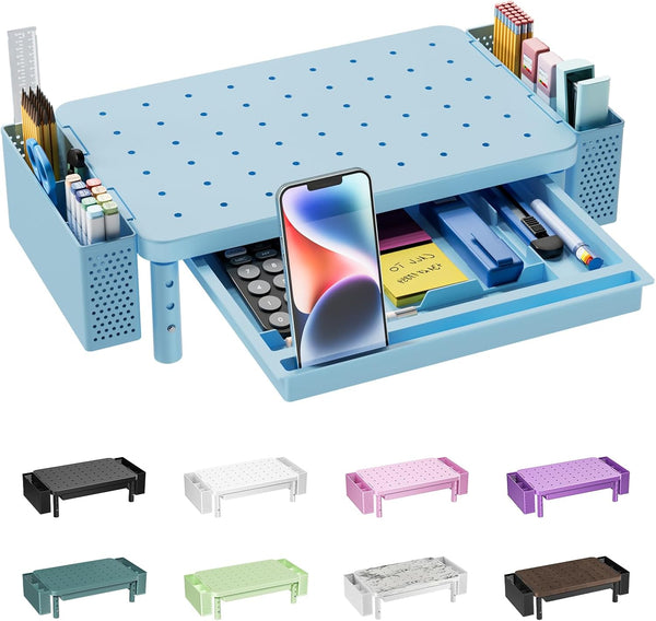 WALI Computer Monitor Stand with Storage and Pen Holder 3 Height Adjustable Desk Organizer with Drawer, Desk Laptop Monitor Riser for Computer, Printer(PTT003-S), 1 Pack, Blue