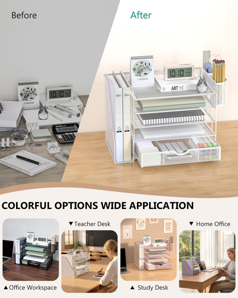 WALI Desk File Organizer, 5 Tier Desktop Paper Letter Tray Organizer with Drawer and 2 Pen Holders, Office Desk Accessories & Workspace Organizers for Office, Home Supplies(DO006DH-W), 1 Pack, White