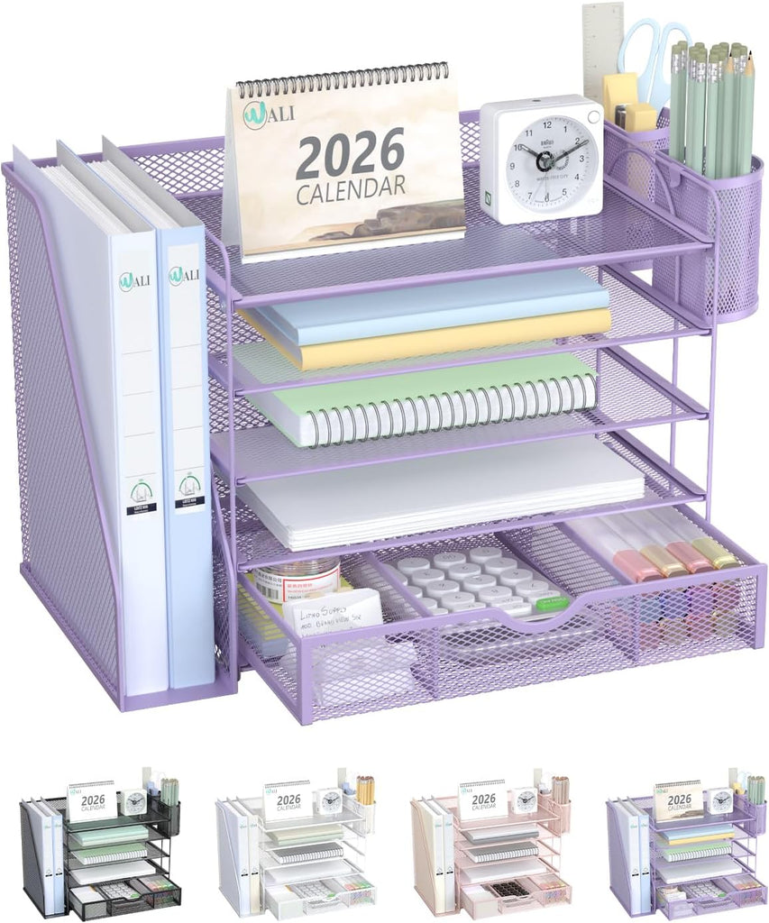 WALI Desk File Organizer, 5 Tier Desktop Paper Letter Tray Organizer with Drawer and 2 Pen Holders, Office Desk Accessories & Workspace Organizers for Office, Home Supplies(DO006DH-V), 1 Pack, Purple