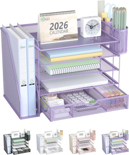 WALI Desk File Organizer, 5 Tier Desktop Paper Letter Tray Organizer with Drawer and 2 Pen Holders, Office Desk Accessories & Workspace Organizers for Office, Home Supplies(DO006DH-V), 1 Pack, Purple