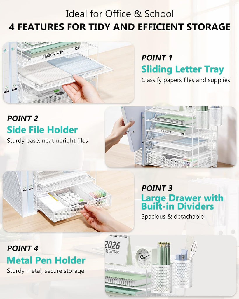 WALI Desk File Organizer, 6 Tier Desktop Paper Letter Tray Organizer with Drawer and 2 Pen Holders, Office Desk Accessories & Workspace Organizers for Office, Home Supplies(DO007DH-W), 1 Pack, White